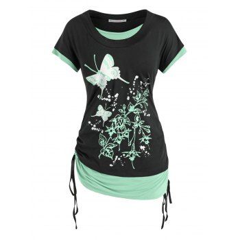 

Plus Size Cinched Butterfly Floral Faux Twinset Tee, Light green