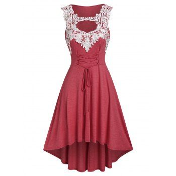 

Plus Size Contrast Lace Cutout High Low Dress, Red