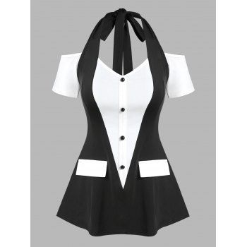 

Vintage Colorblock Bicolor Contrast Two Tone Cold Shoulder Halter Tee, Black