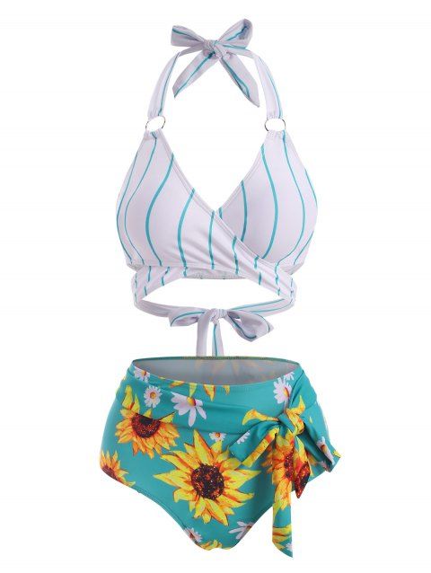 Vacation Bikini Swimsuit Sunflower Bathing Suit Knot Ring High Waisted Wrap Halter Tied Summer Beach Tummy Control Swimwear