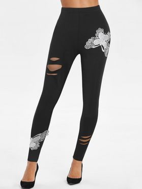 Ripped Butterfly Embroidered Skinny Pants