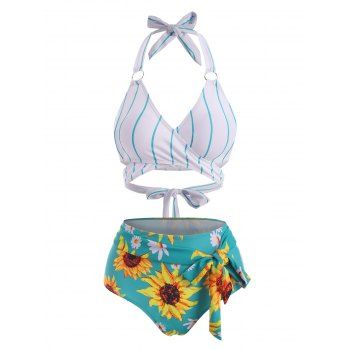 Vacation Bikini Swimsuit Sunflower Bathing Suit Knot Ring High Waisted Wrap Halter Tied Summer Beach Tummy Control Swimwear