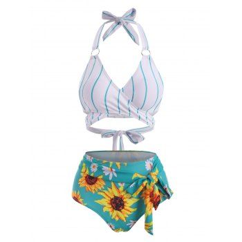 

Vacation Bikini Swimsuit Sunflower Bathing Suit Knot Ring High Waisted Wrap Halter Tied Summer Beach Tummy Control Swimwear, Multicolor