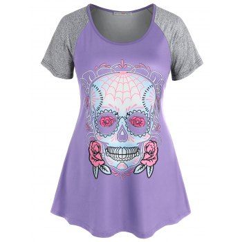 

Plus Size Raglan Sleeve Skull Print Gothic Tee, Light purple