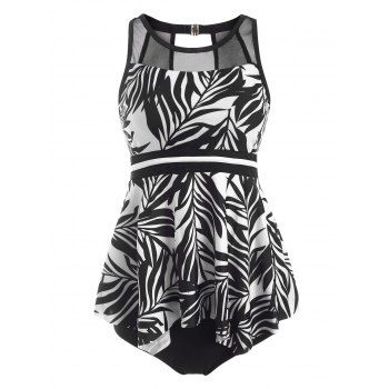 

Leaf Print Mesh Insert Handkerchief Tankini Swimwear, Black