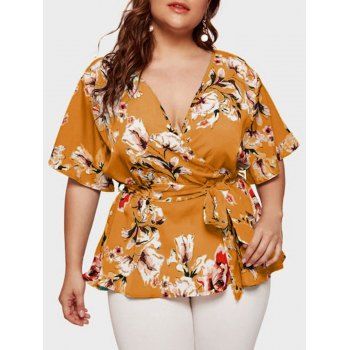 

Plus Size Flower Print Surplice Belted Blouse, Deep yellow