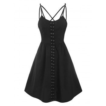 

Gothic Eyelet Grommet Lace Up Strappy Cross Cami Flare Dress, Black