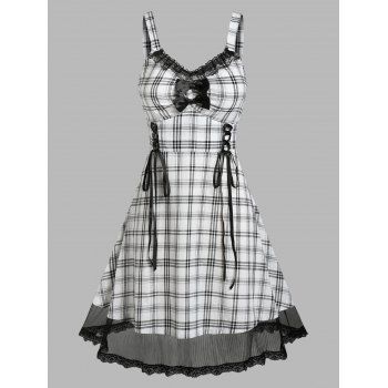 

Plus Size Vintage Bowknot Lace Panel Plaid Dress, Black