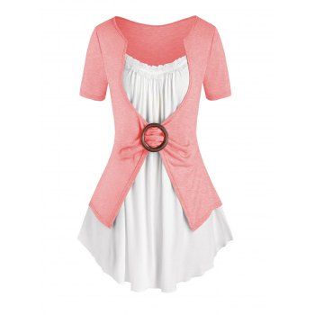 

Plus Size Bicolor Twofer Ruched Lace Insert Round Hem Tee, Light pink
