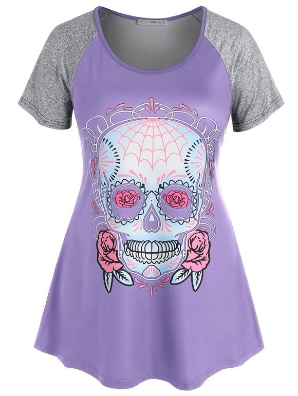 T-shirt Gothique à Imprimé Crâne de Grande Taille à Manches Raglan - Violet clair 4X