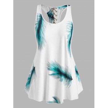 

Plus Size Feather Print Lace-up Hanky Hem Tank Top, Green