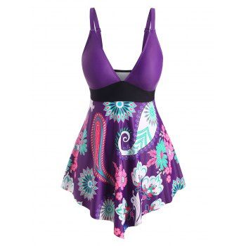 Plus Size Paisley Flower Skirted Plunging Tankini Swimwear, Purple