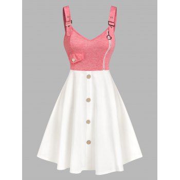 

Sleeveless Buckle Strap Mock Button Contrast Dress, Light pink