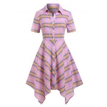 

Plus Size Button Up Plaid Handkerchief Shirt Dress, Light purple