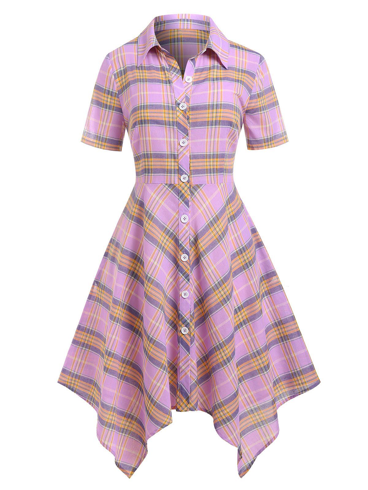 Robe Chemise Mouchoir à Carreaux Boutonnée Grande Taille - Violet clair L