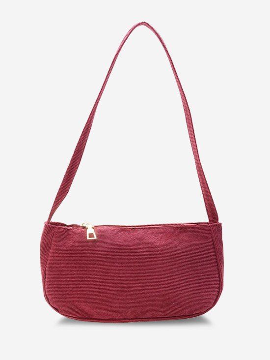 Mini Sac à Bandoulière en Couleur Unie en Velours Côtelé - Rouge Vineux 