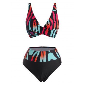 

Colorful Striped Twisted Plunging Bikini Swimwear, Black