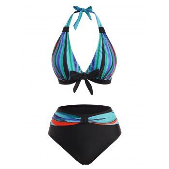 

Colorful Striped Bowknot Halter Full Coverage Bikini Swimwear, Light blue