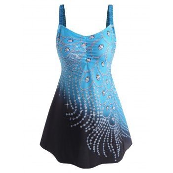 

3D Diamond Print Ruched Tankini Swimwear, Blue