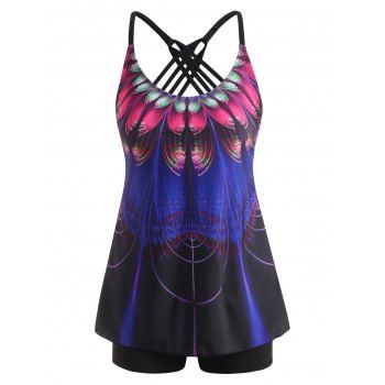 

Ethnic Feather Print Crisscross Backless Tankini Swimwear, Multicolor