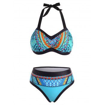 

Ethnic Geo Halter Ruched Full Coverage Bikini Swimwear, Light blue