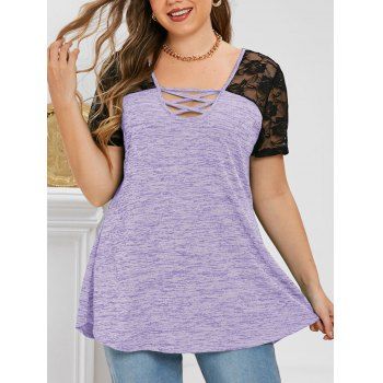 

Space Dye Lace Panel Lattice Plus Size Top, Light purple