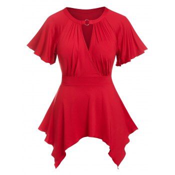 

Keyhole Flutter Sleeve Handkerchief Tee, Deep red