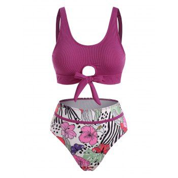 

Knot Piping Floral Butterfly Ribbed Tankini Swimwear, Light purple