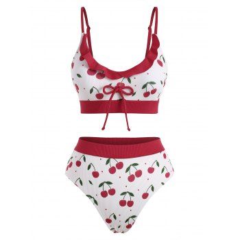 

Cherry Print Ribbed Frilled Tankini Swimwear, Red