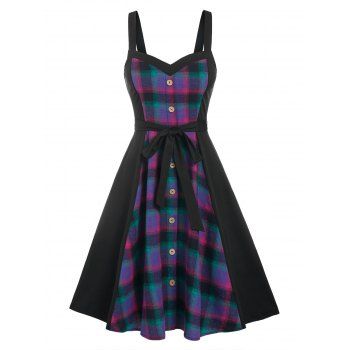 

Vintage Sleeveless Plaid Print Mock Button Belted A Line Dress, Black