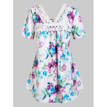 

Plus Size Lace Panel Floral Print Tee, Multicolor