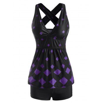 

Modest Tankini Swimwear Geometric Bathing Suit Diamond Print Plunging Neck Crisscross Beach Swimsuit, Purple