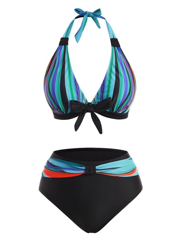 Maillot de Bain Bikini Dos-Nu à Rayures Colorées avec Nœud Papillon à Col Halter - Bleu clair 2XL