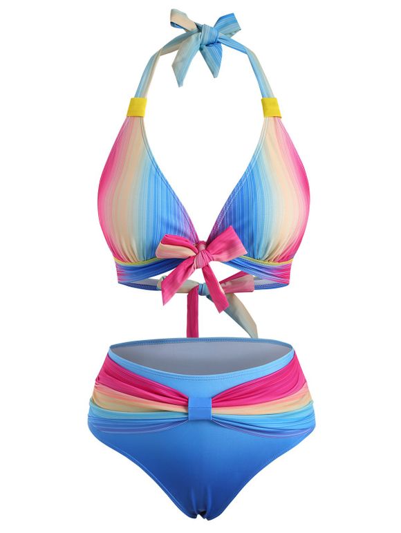 Maillot de Bain Bikini Ombre Arc-en-Ciel avec Nœud Papillon à Col Halter - multicolor S