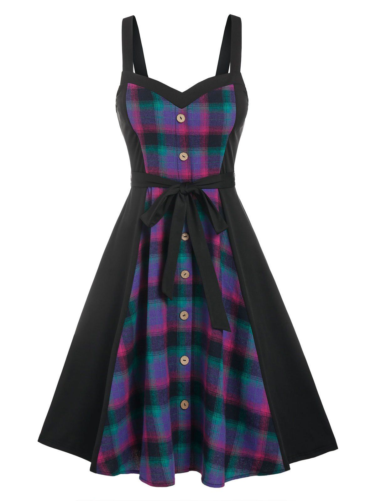 Vintage Sleeveless Plaid Print Mock Button Belted A Line Dress - BLACK M