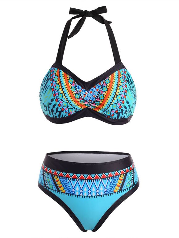 Maillot de Bain Bikini Dos-Nu Style Ethnique Géométrique à Col Halter à Volants - Bleu clair S