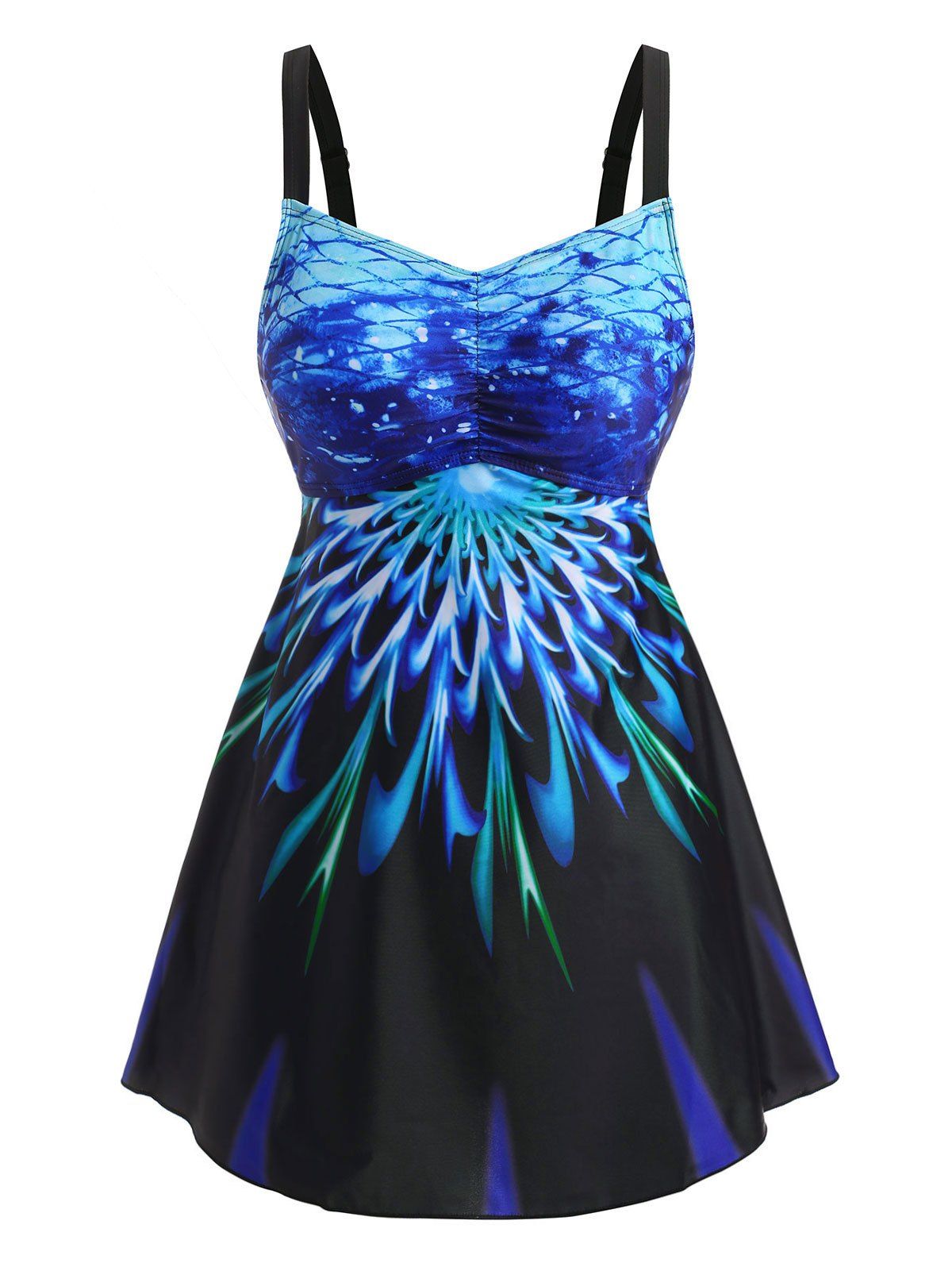 Mermaid Print Ruched Empire Waist Tankini Swimwear - BLUE S