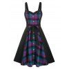 Robe Vintage Ceinturée à Carreaux Imprimée sans Manches avec Bouton en Ligne A - Noir L
