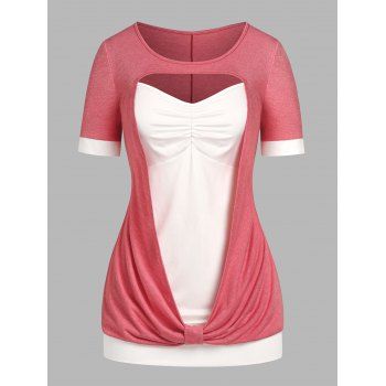 

Plus Size Cutout Ruched 2 in 1 Tee, Light pink