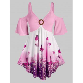 

Plus Size Butterfly Floral Open Shoulder Tee, Light pink