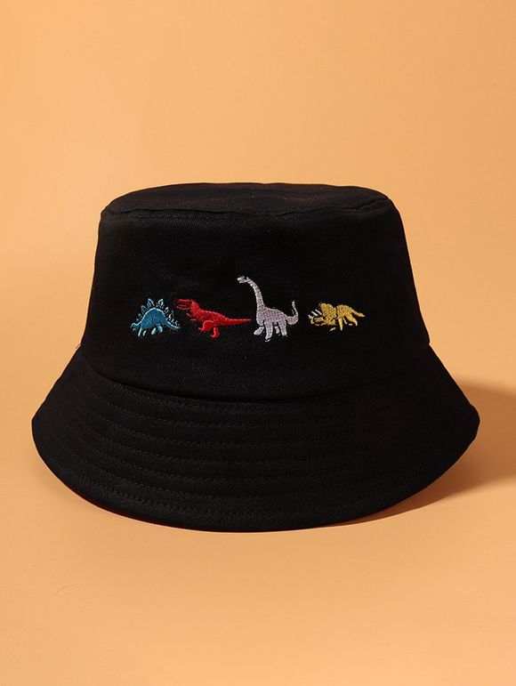 Chapeau Seau Motif de Dinosaure Brodé - Noir 