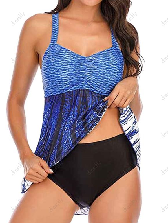 Maillot de Bain Tankini Sirène à Taille Empire à Volants - Bleu S
