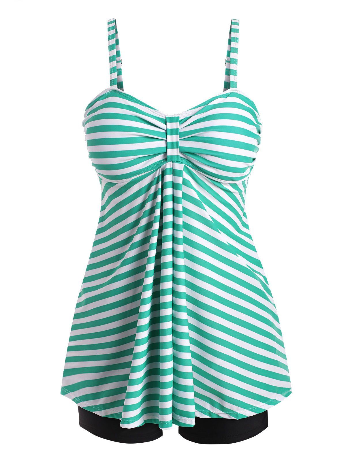 Striped Knotted Empire Waist Tankini Swimwear - LIGHT GREEN M
