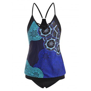 

Flower Print Criss Cross Cinched Racerback Tankini Swimwear, Blue