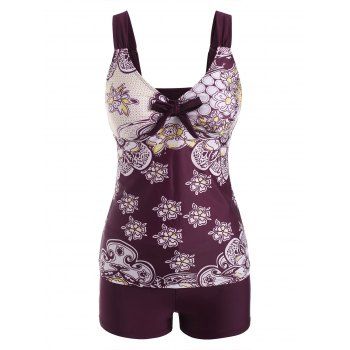 

Knotted Flower Print Boyshort Tankini Swimwear, Deep red