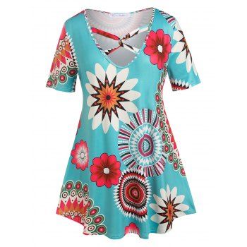 

Plus Size Floral Print Twisted Tee, Light blue