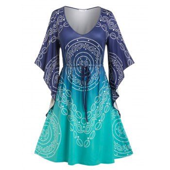 

Plus Size Butterfly Sleeve Drawstring Knee Length Dress, Multicolor