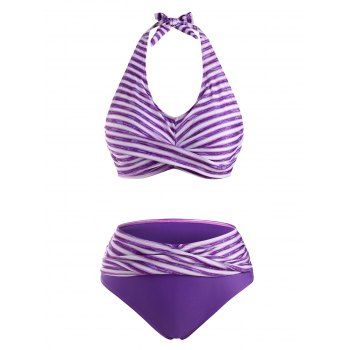 

Striped Cross Halter Foldover Bikini Swimwear, Light purple