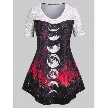 

Plus Size Lace Panel Moon Phase Print T Shirt, Multicolor