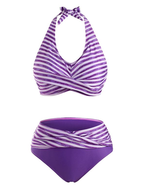 Maillot de Bain Bikini Plissé Croisé Rayé à Col Halter de Vacance - Violet clair XL